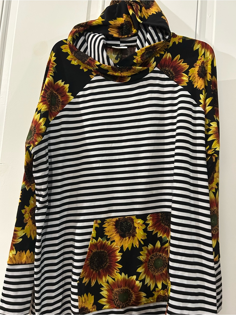 LuLaRoe Black & White Striped Hoodie with Sunflower Print